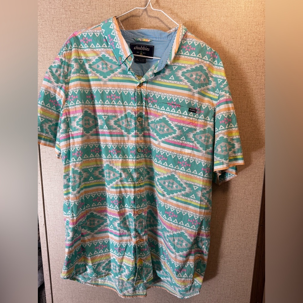 Chubbies Men's Aztec Print Shirt in Green and Pink
